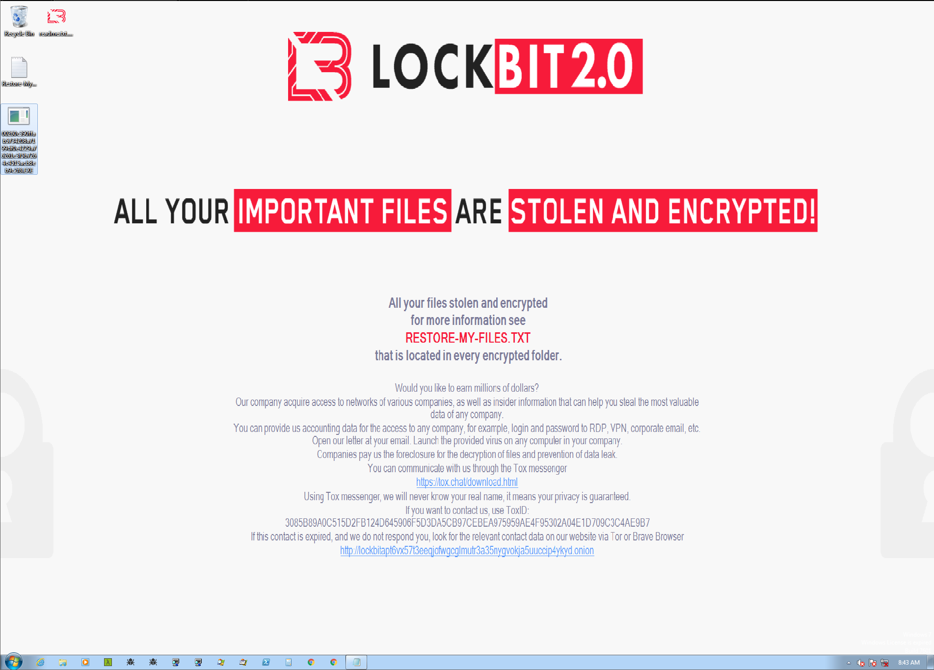 When a LockBit attack is successful, the software modifies the victim's desktop wallpaper, as shown here, making the victim aware of the compromise and encouraging insider threats. 