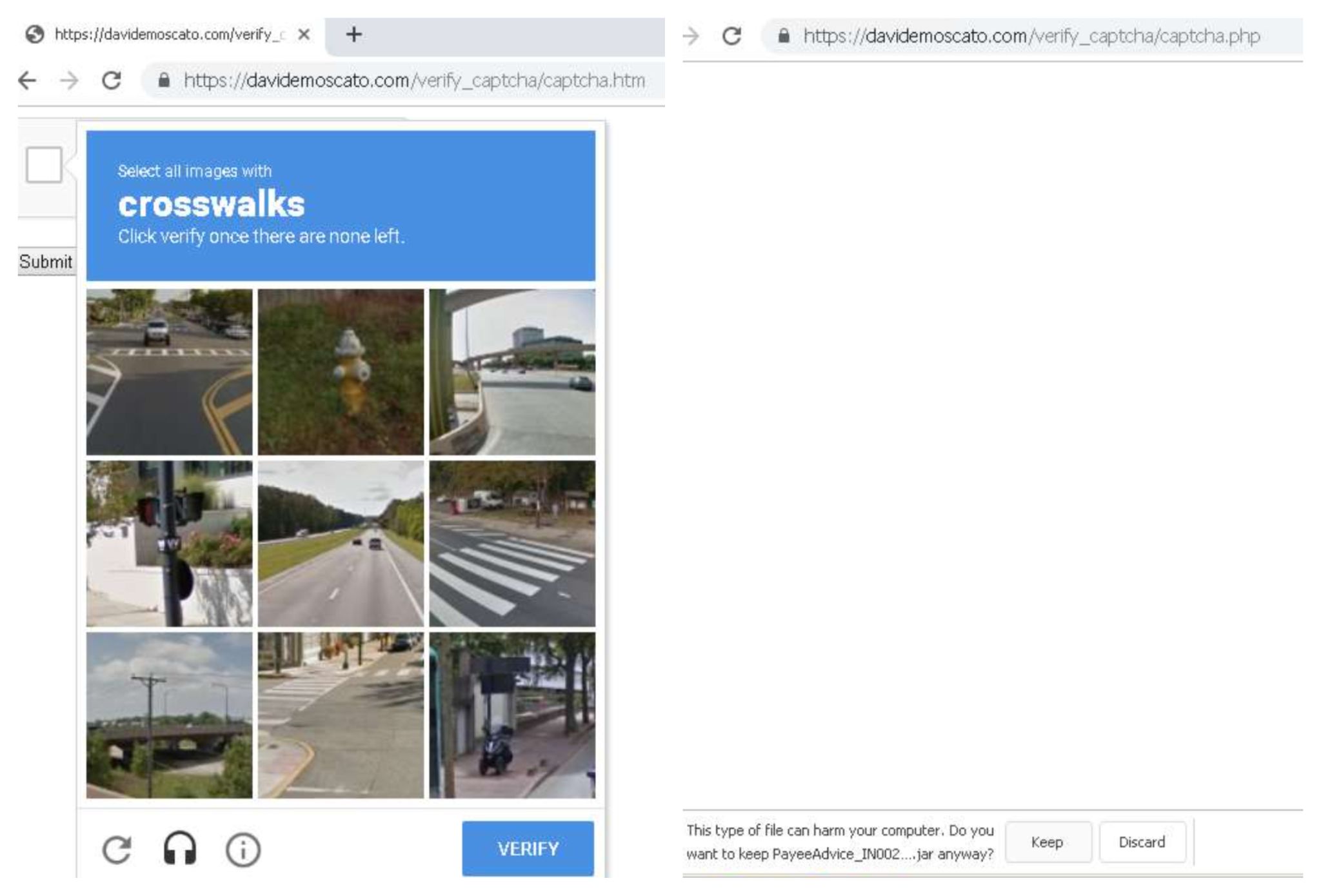 Screenshot of malware hidden behind a verification page asking users to select all images with crosswalks.