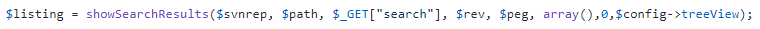 The "search" parameter in search.php stores the user's input. A PHP query to the backend handles search requests from users seeking to find relevant code changes in the revision history. 