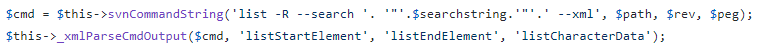 The getListSearch function inside include/svnlook.php is responsible for creating the shell command by concatenating the search query with command arguments. 