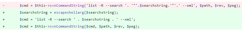 To fix a vulnerability that made it possible to achieve code execution by including special characters in the search query, the code was changed to sanitize the user input with escapeshellarg before concatenating it to the other command arguments, as shown here. 