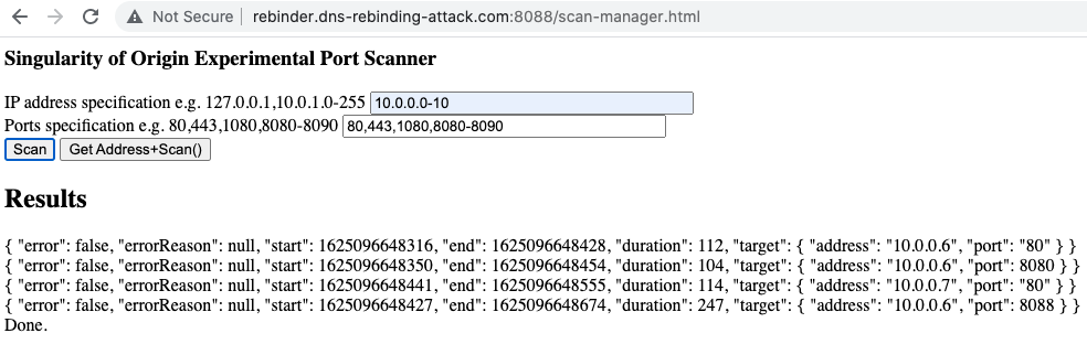 The screenshot shows how Singularity performs when scanning our experimental environment. It recognizes internal services in seconds and exposes available targets for DNS rebinding. 