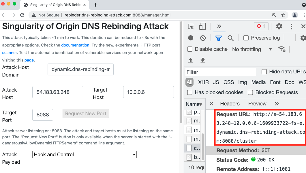 The rebinding request is triggered by the attacker's website on the victim's browser, as shown here. 