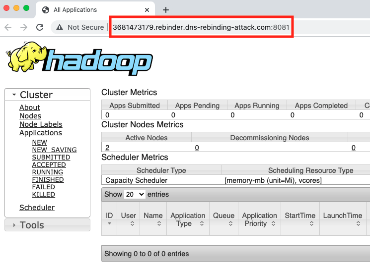 Through the malicious domain, the attacker can now access the targeted Hadoop web interface and could, for example, steal information or kill running jobs on the management page. 