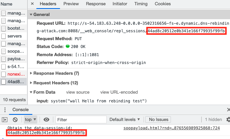 The example shows how DNS rebinding allows an attacker to circumvent safety controls by obtaining a dynamic session ID meant to protect against RCE. 