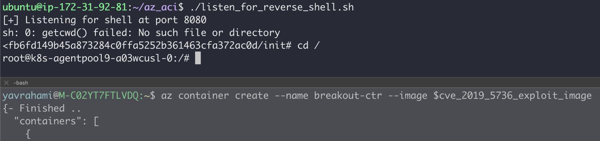 Once we discovered the presence of this old version of runC in ACI, we took the PoC container image developed then, polished it and deployed it to ACI. We successfully broke out of our container and gained a reverse shell running as root on the underlying host, which turned out to be a Kubernetes node. Here, we show a screenshot of the process of exploiting CVE-2019-5736 to escape our ACI container. 