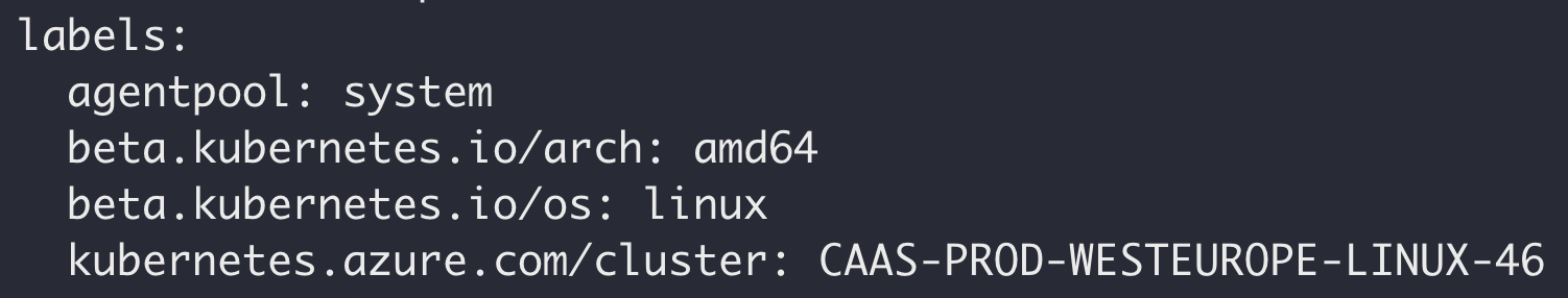 Nodes had a reference to the cluster name in a kubernetes.azure.com/cluster label, with the following format: CAAS-PROD-<LOCATION>-LINUX-<ID>, as shown in the screenshot.