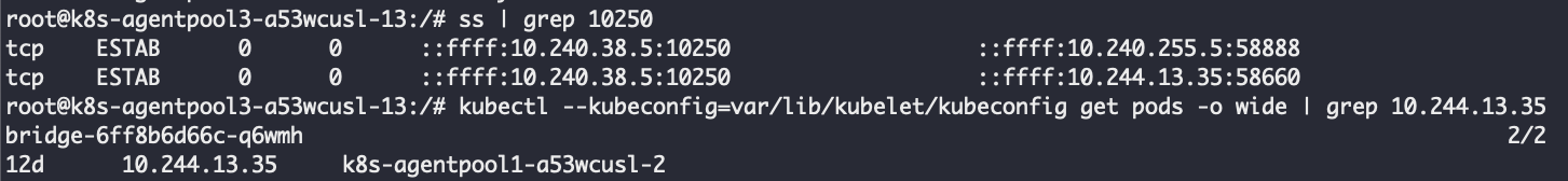 Reexamining exec requests arriving at the node revealed that the requests originated from a pod dubbed the 'bridge' running in the default namespace, as shown. 