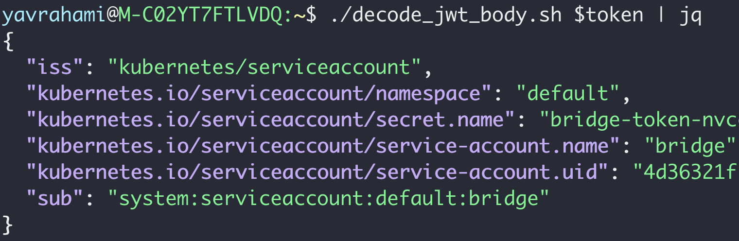 The received token is a service account token for the 'bridge' service account. This makes sense given the request originated from the bridge pod.