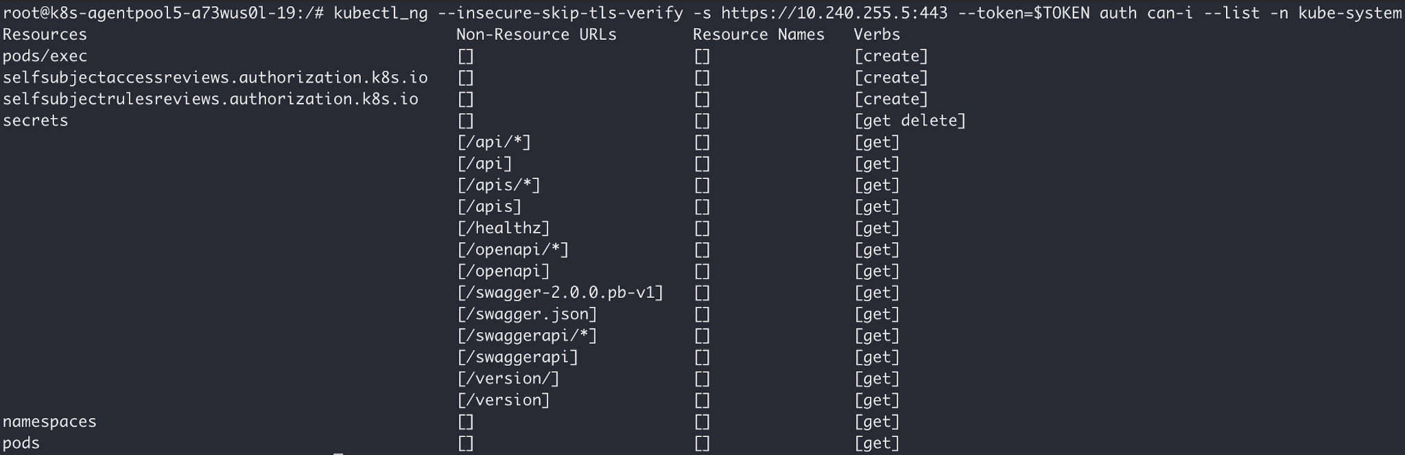 This shows the token's permissions in the kube-system namespace, including the pods/exec privilege, indicating that the token can be used to execute commands on any pod in the cluster. 