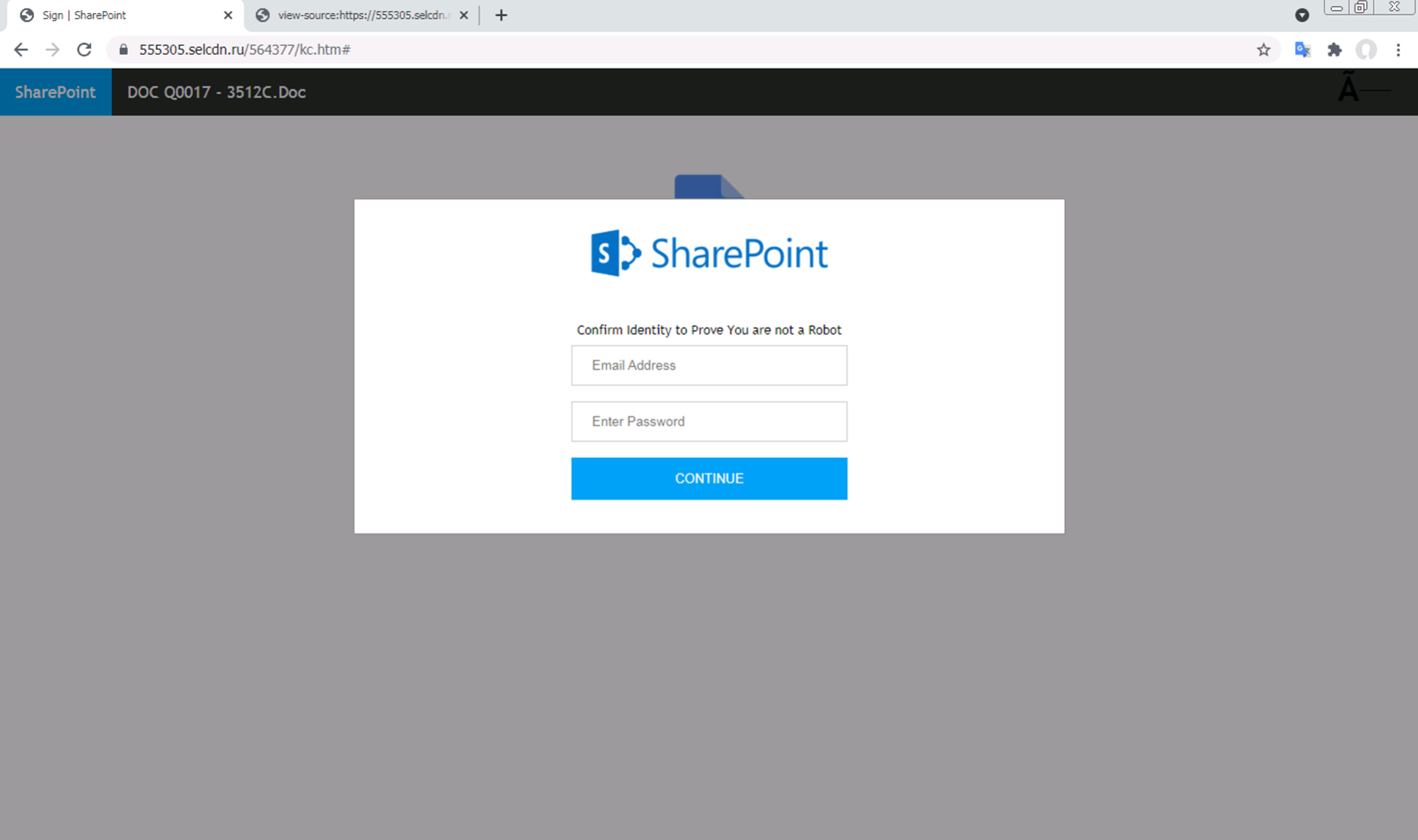An example of JavaScript-based phishing. The entire page shown in the screenshot, impersonating a SharePoint login page, is generated using a single JavaScript script tag. 
