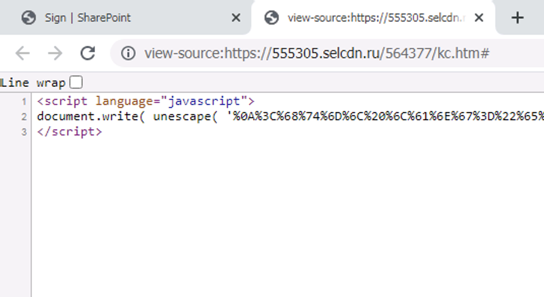 A view of the HTML source code for the JavaScript-based phishing page in Figure 6. 