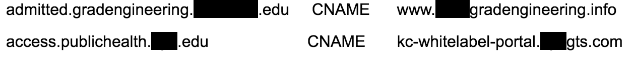 Two examples of dangling domains under edu, partially obfuscated for protection. 