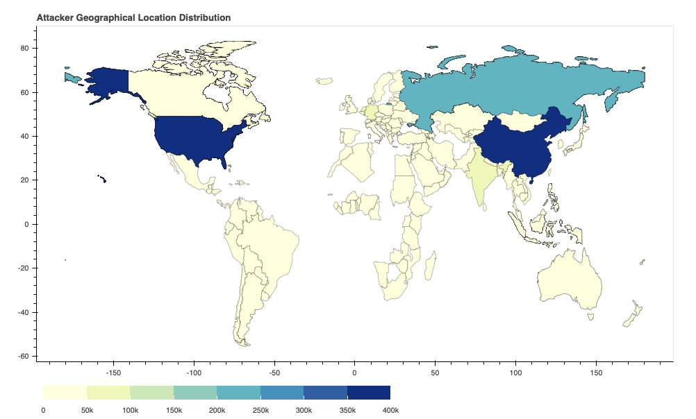 The same regional information about network security trends is shown in a heat map, with darker blue colors indicating a higher number of attacks appearing to originate in those regions. 