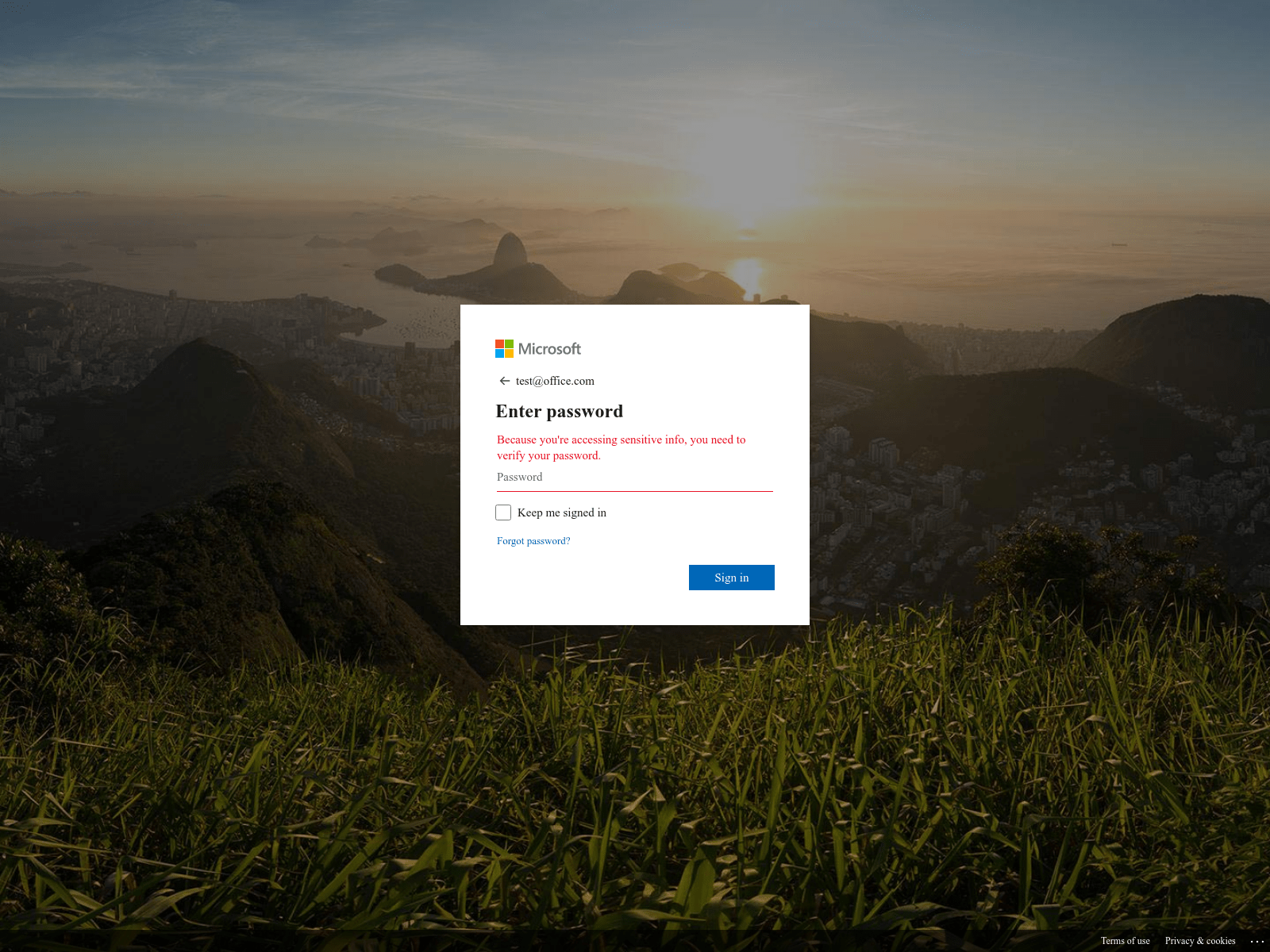 A malicious login request impersonating Sharepoint, requiring credentials for document access. 