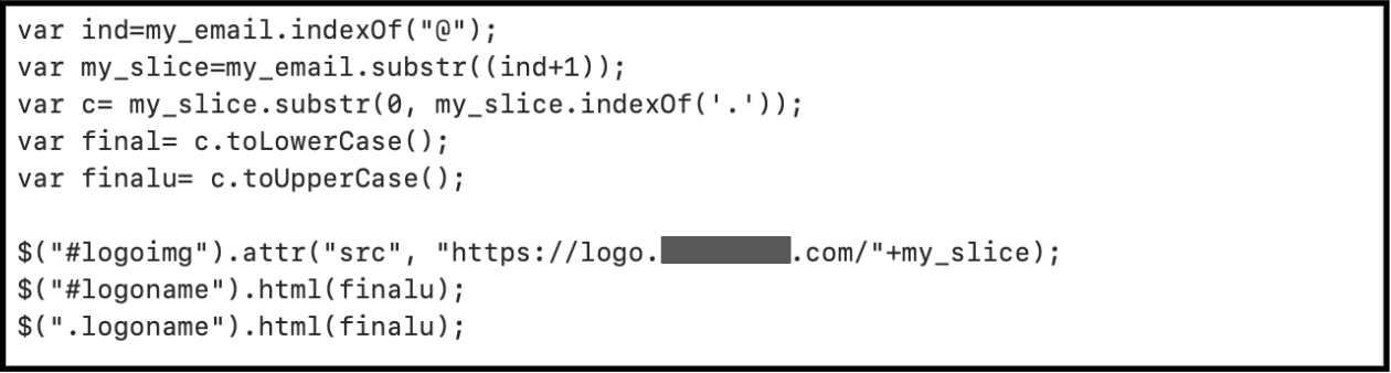 To better accomplish credential harvesting, attackers sometimes use JavaScript such as that shown here to identify an organization from a victim's email address and incorporate its logo into followup pages. 