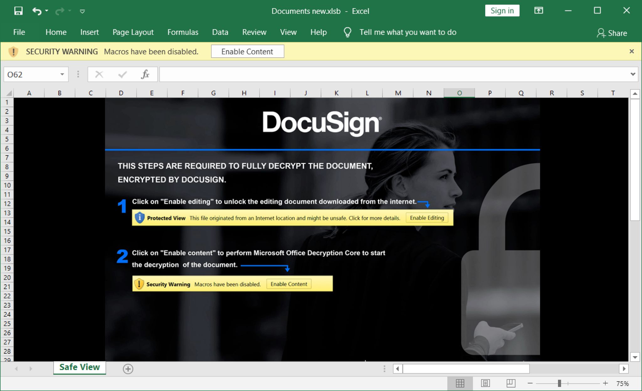 A malicious Excel template that attempts to instill confidence by taking advantage of the DocuSign brand name and image. 