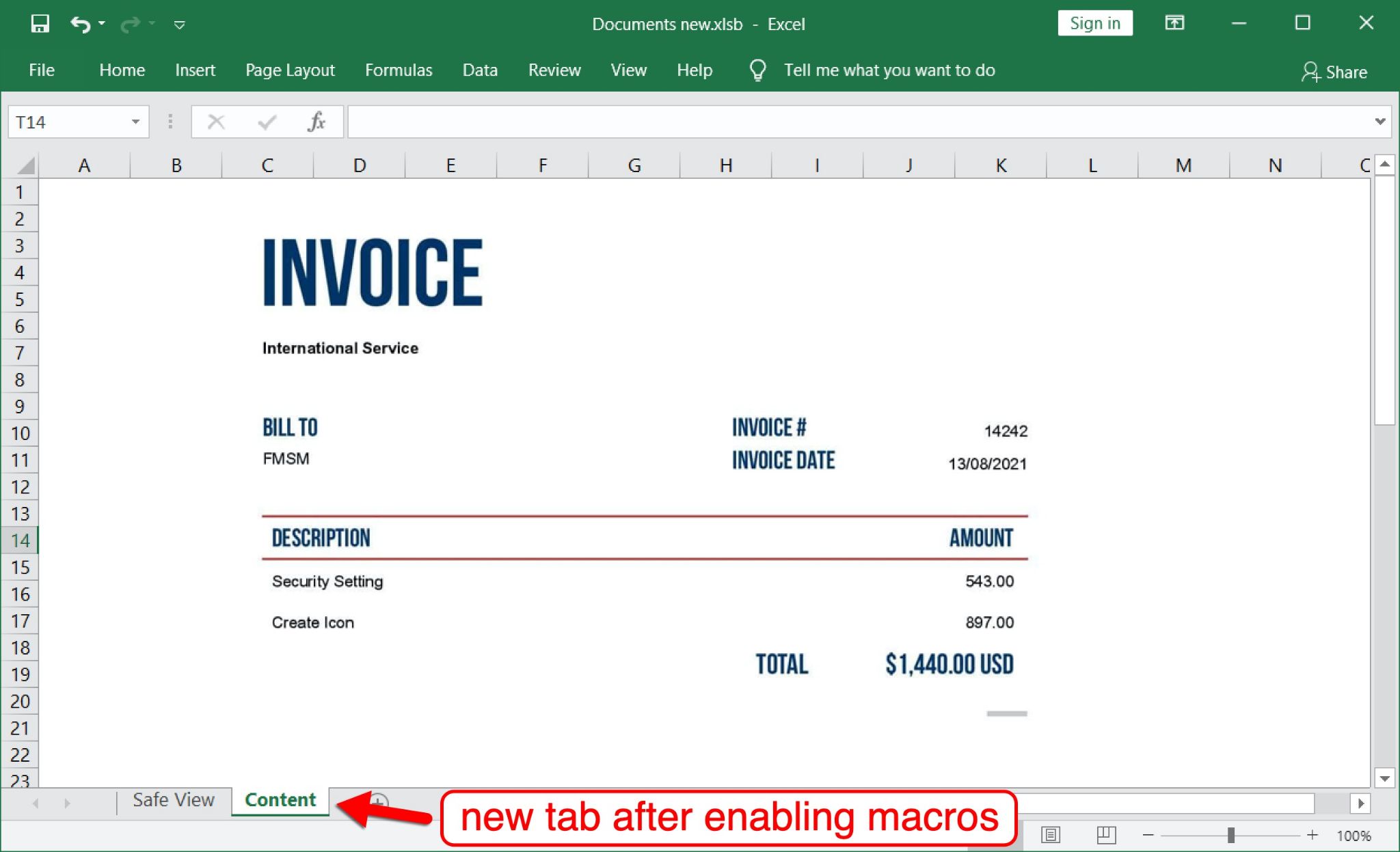 A fake invoice that appears on a malicious Excel spreadsheet. The red arrow indicates a new tab that appears after enabling macros.