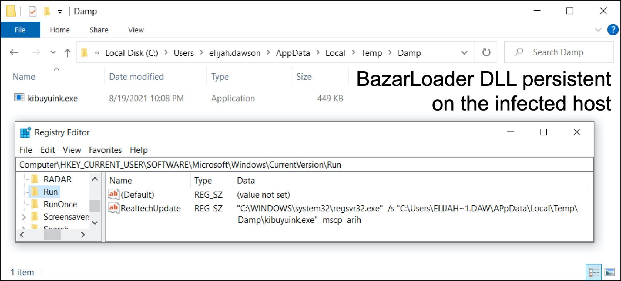 BazarLoader DLL persistent on the infected host, as shown in the screenshot. 
