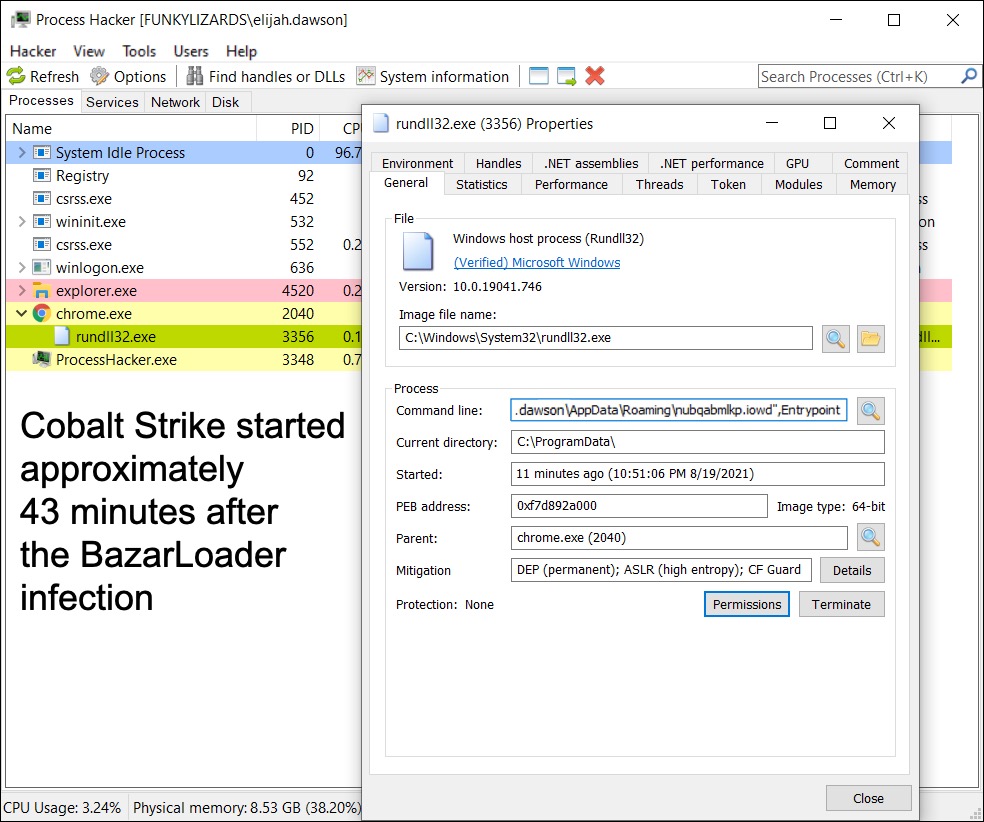 Cobalt Strike started approximately 43 minutes after the BazarLoader infection, as illustrated in these screenshots from Process Hacker. 