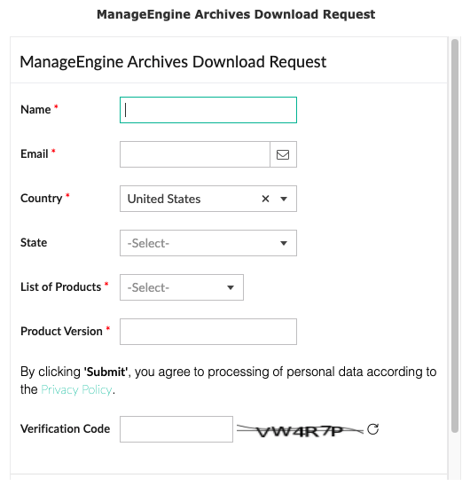 Screenshot of the ManageEngine Archives Download Request form. We believe the APT may have used this portal to request older vulnerable versions of software including ManageEngine ServiceDesk Plus, in order to develop working exploits for known CVEs.