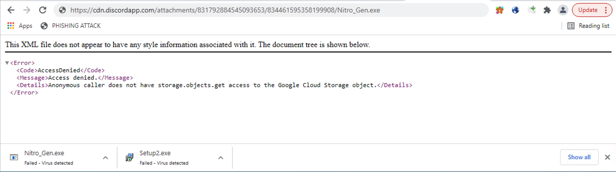 Figure 8. Two pieces of malware downloaded from discordapp[.]com (download bar); one of the malware samples is no longer accessible due to permission change (XML Error).