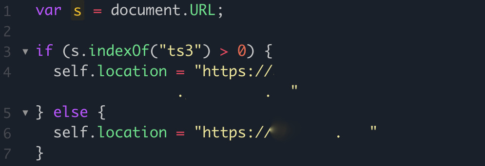 The script on one of the gateway hostnames, jcxivnmqfqoiopdlvejvgucpmrfgmhwdlrkvzqyb.ui1io[.]cn, shown here, forwards the visitor to another phishing DGA domain, gjahqfcyr[.]cn, when a specific parameter exists in the URL. Otherwise, it redirects to the legitimate bank website.