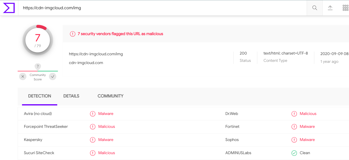 VirusTotal results for the collection server where the web skimmer discussed here sends sensitive information gathered from victims. 