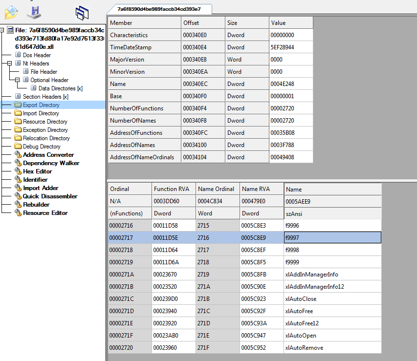 The screenshot shows an example of an XLL file in a PE editor. Among other exported functions, we can find the xlAutoOpen and xlAutoClose functions. 