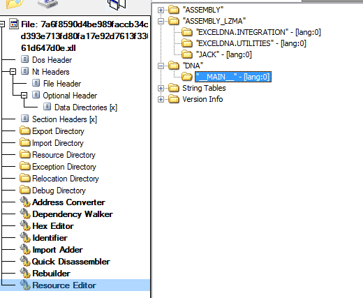 When we look at the resources of our Excel-DNA XLL, we can see an XML resource named __MAIN__. This resource contains information about which module gets loaded by Excel-DNA. In our case, the specified module will be decompressed from a resource named JACK.