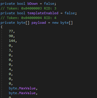 The configuration is displayed here, containing the following options: bDown - Download the payload, templateEnabled - Drop and open an Excel template, payload - Contains the payload to be dropped.