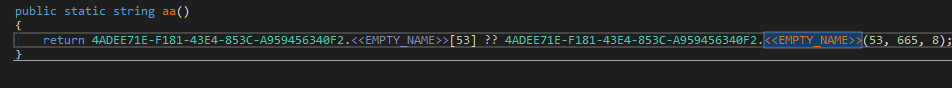 The code shown here assigns the 53rd member of the string's array the eight bytes at offset 665 of the decrypted byte-array. 