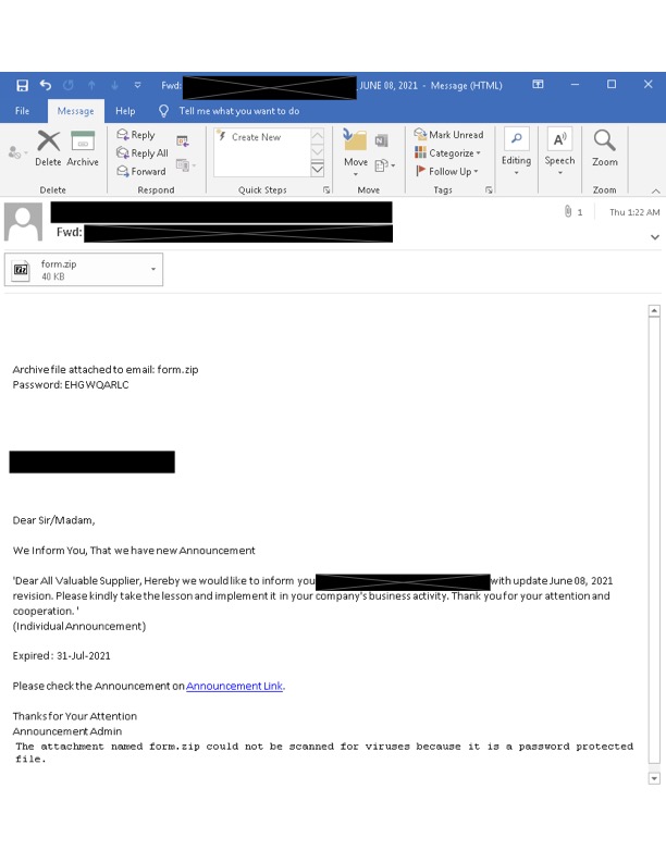 Example of a thread-hijacked Emotet email lure sent on Jan. 27, 2022.