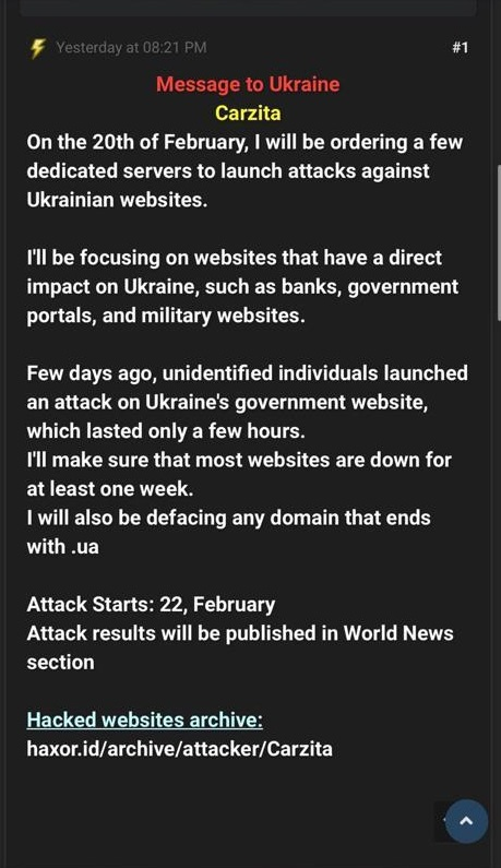 Carzita post on RaidForums in connection with the Russia-Ukraine crisis. In the message, the person threatens to launch attacks against Ukrainian websites and to deface domains that end with ua.