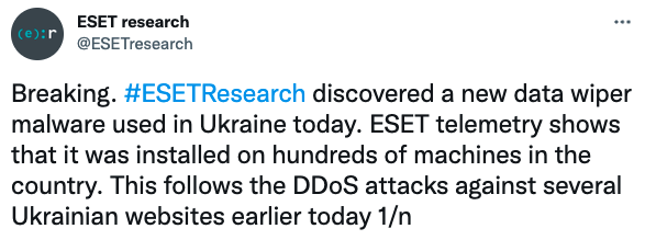 ESET research warning about new data wiper malware used in Ukraine. According to the Twitter post shown, the wiper was installed on hundreds of machines in Ukraine.