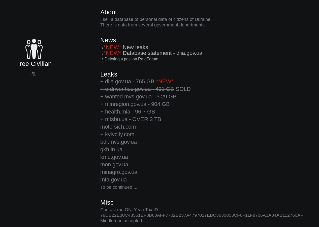 The .onion site links to an entity calling themselves “Free Civilian” and offering to sell databases containing the personal data of Ukrainian citizens, as shown.