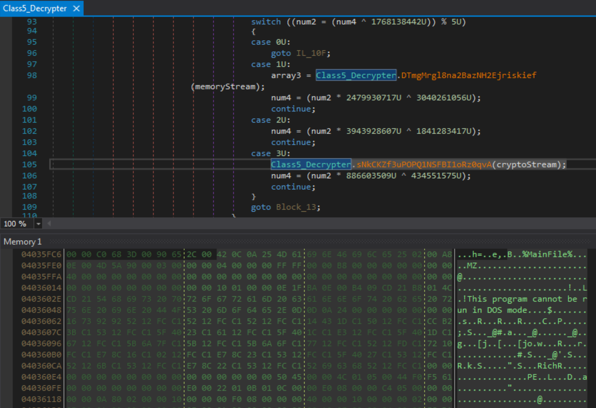 Decrypted “config” file in SHCore2.dll memory.