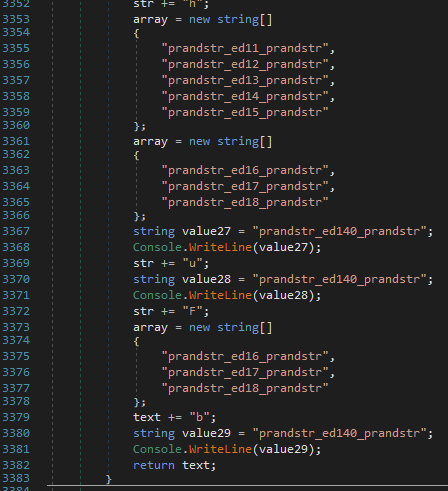 The obfuscation within the Gamaredon file stealer sample we analyzed is relatively simple and mainly relies upon defining arrays and concatenating strings of single characters in high volume over hundreds of lines to try to hide the construction of the actual string within the noise, as shown in the example here.