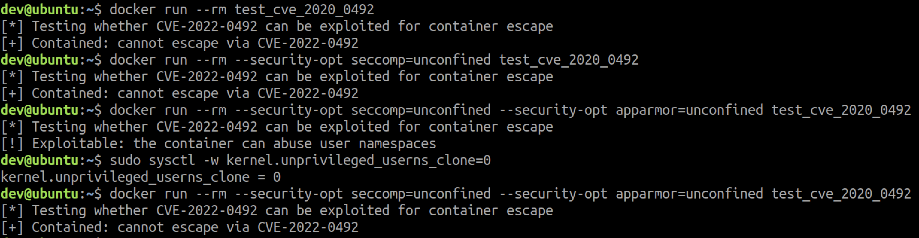 Using the script to test which container configurations can exploit CVE-2022-0492 to escape.
