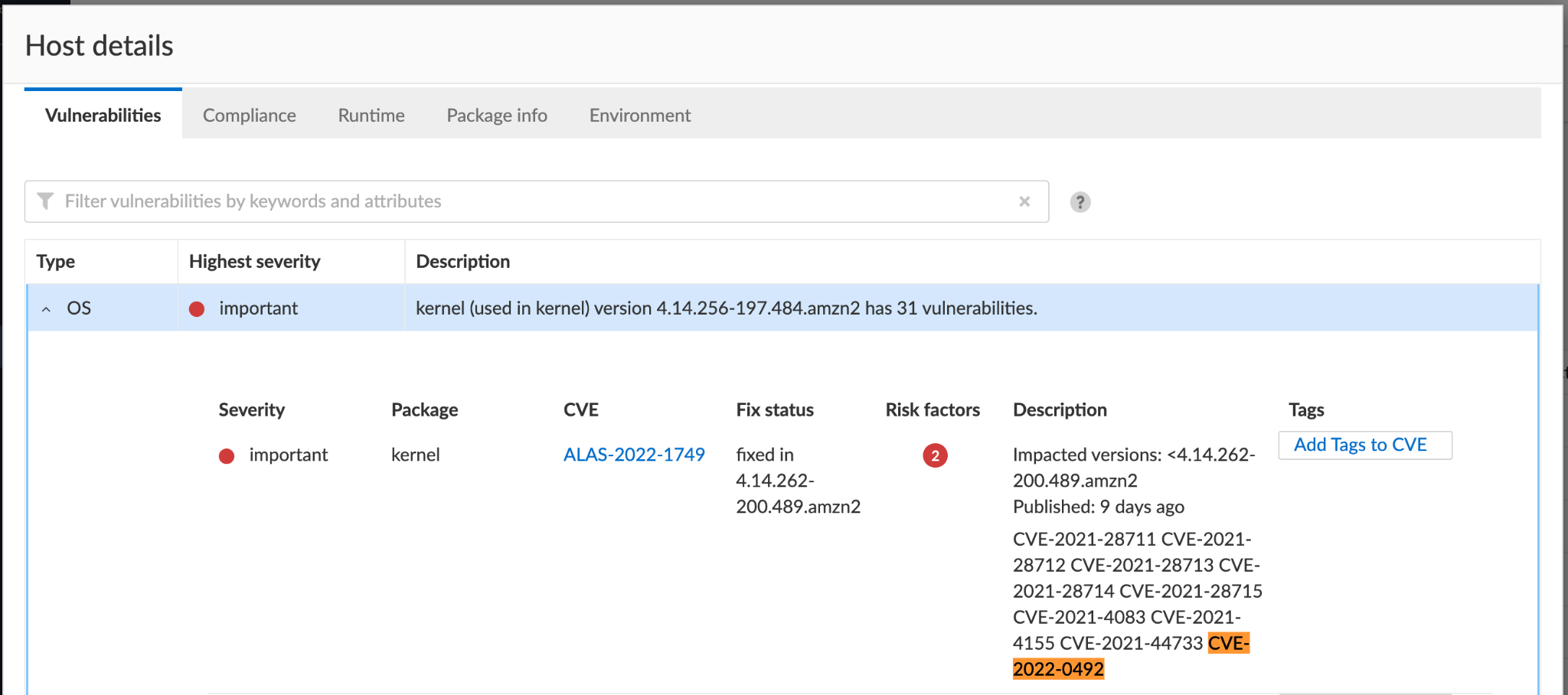 Prisma Cloud alerting on a Linux host running the kernel version that is vulnerable to CVE-2022-0492.