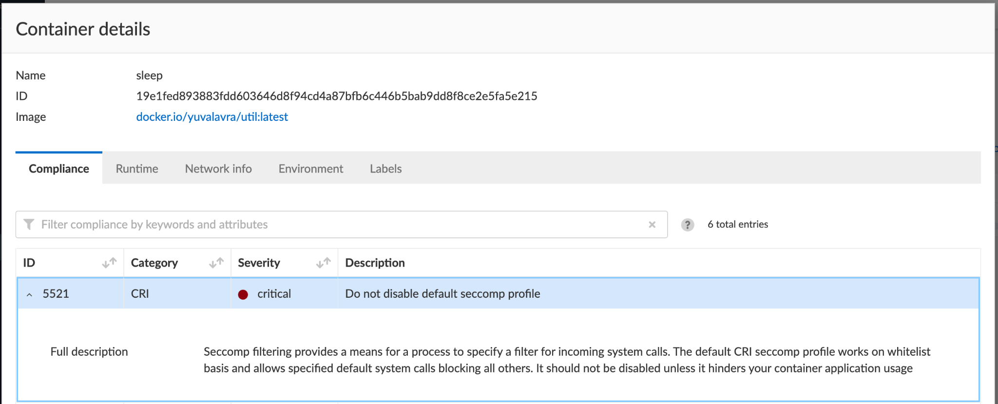 Prisma Cloud generates a critical compliance alert for containers running without Seccomp.