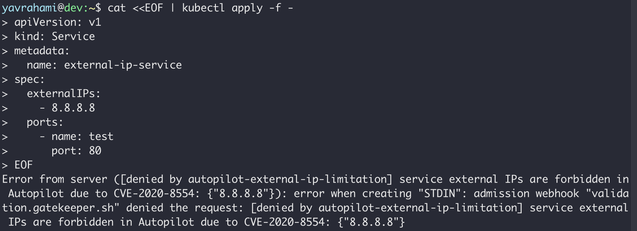 GKE Autopilot's policy goes beyond preventing container escapes. This screenshot shows how External IP services are denied to protect against CVE-2020-8554. 